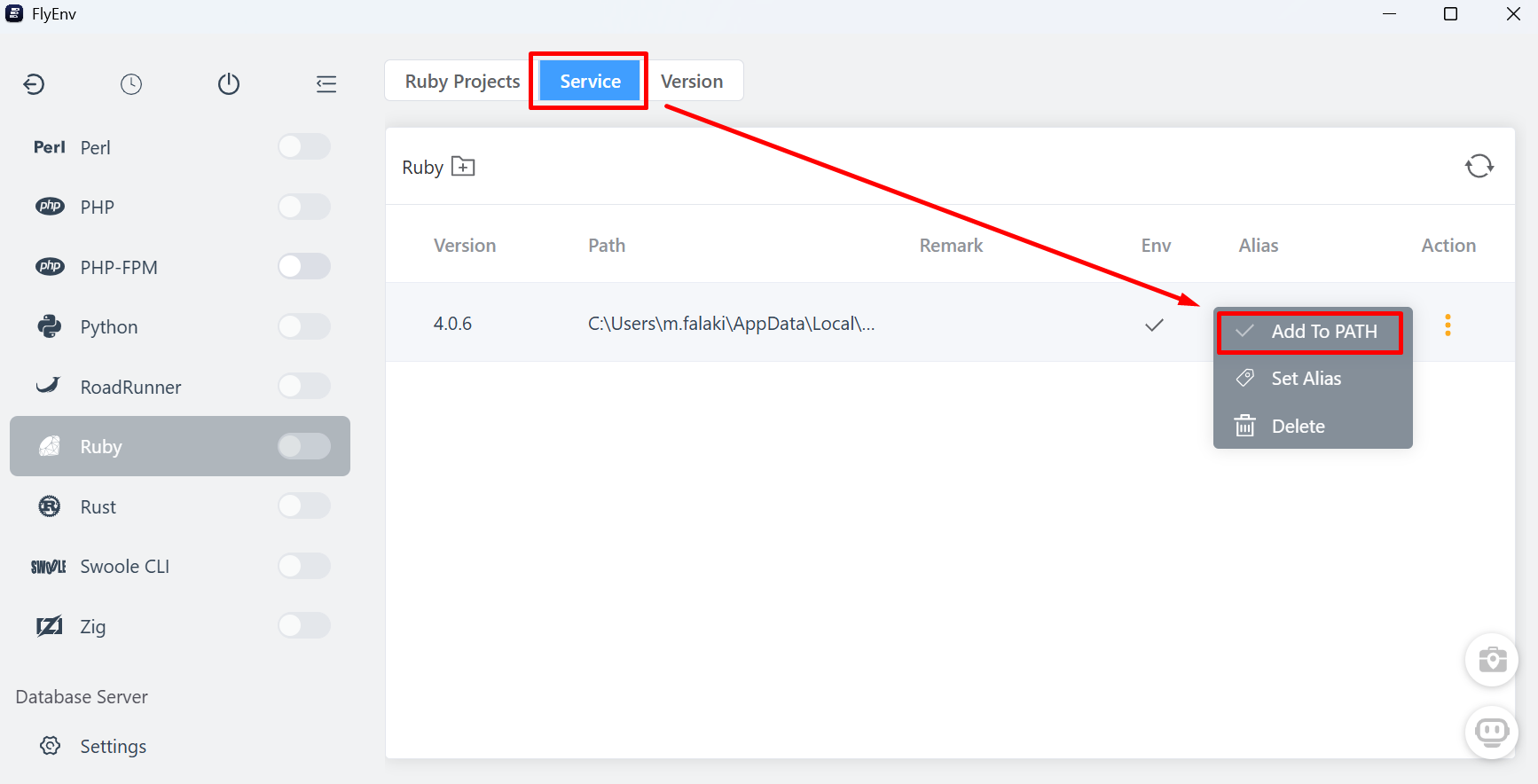 Tab Service FlyEnv, klik Add To PATH pada Ruby 4.0.6