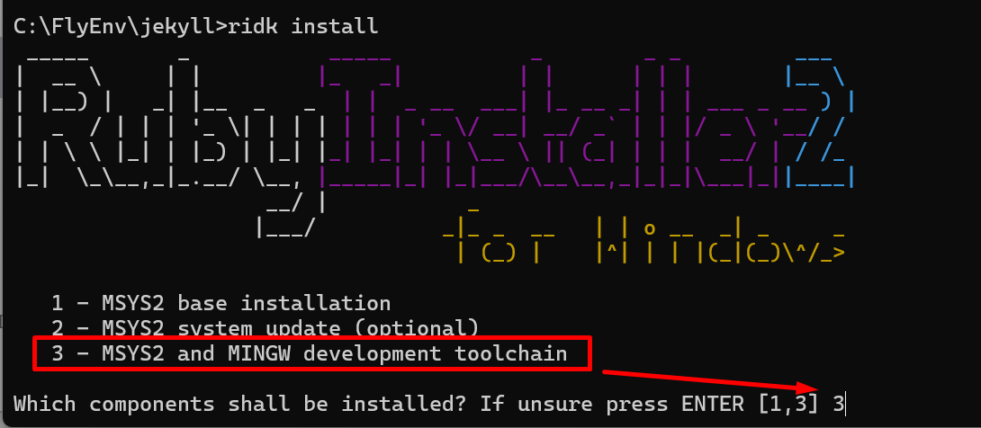 ridk install, pilih opsi 3 untuk MSYS2 dan MINGW toolchain