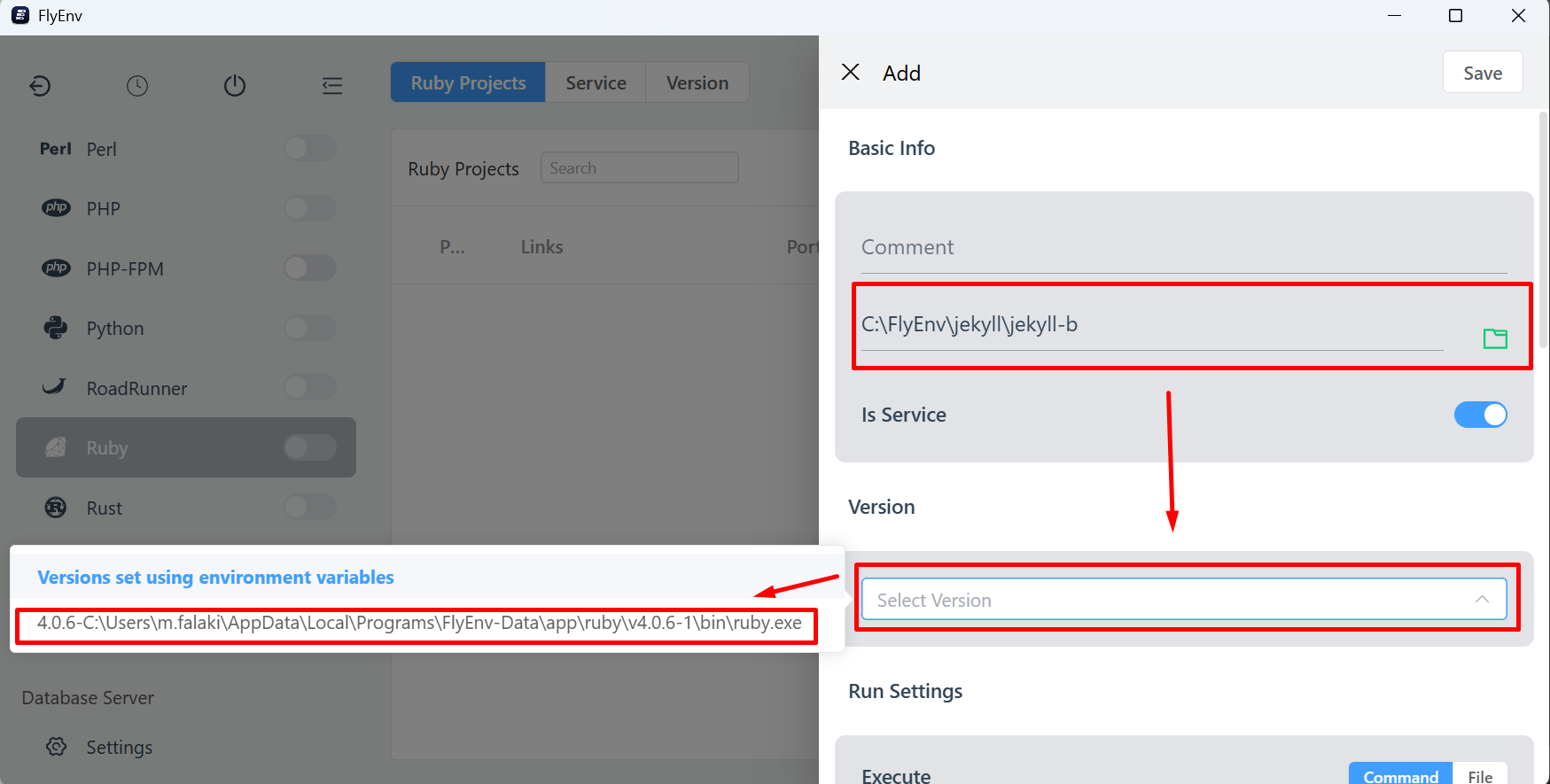 Form Add project: isi path dan pilih versi Ruby