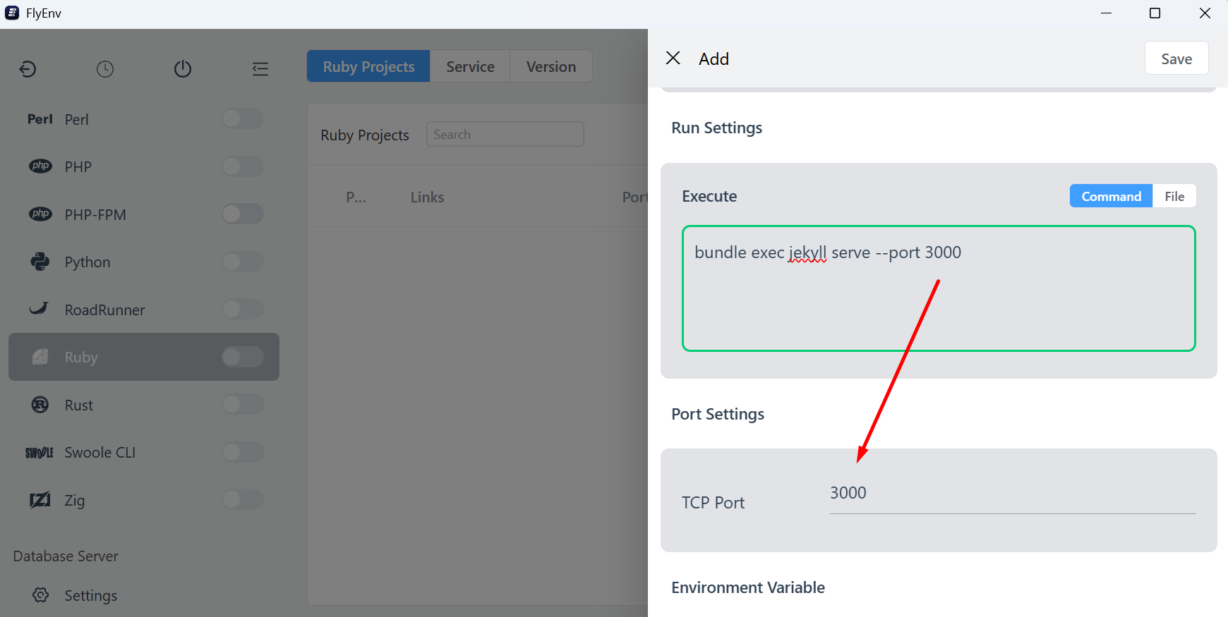 Run Settings: perintah bundle exec jekyll serve --port 3000, TCP Port 3000